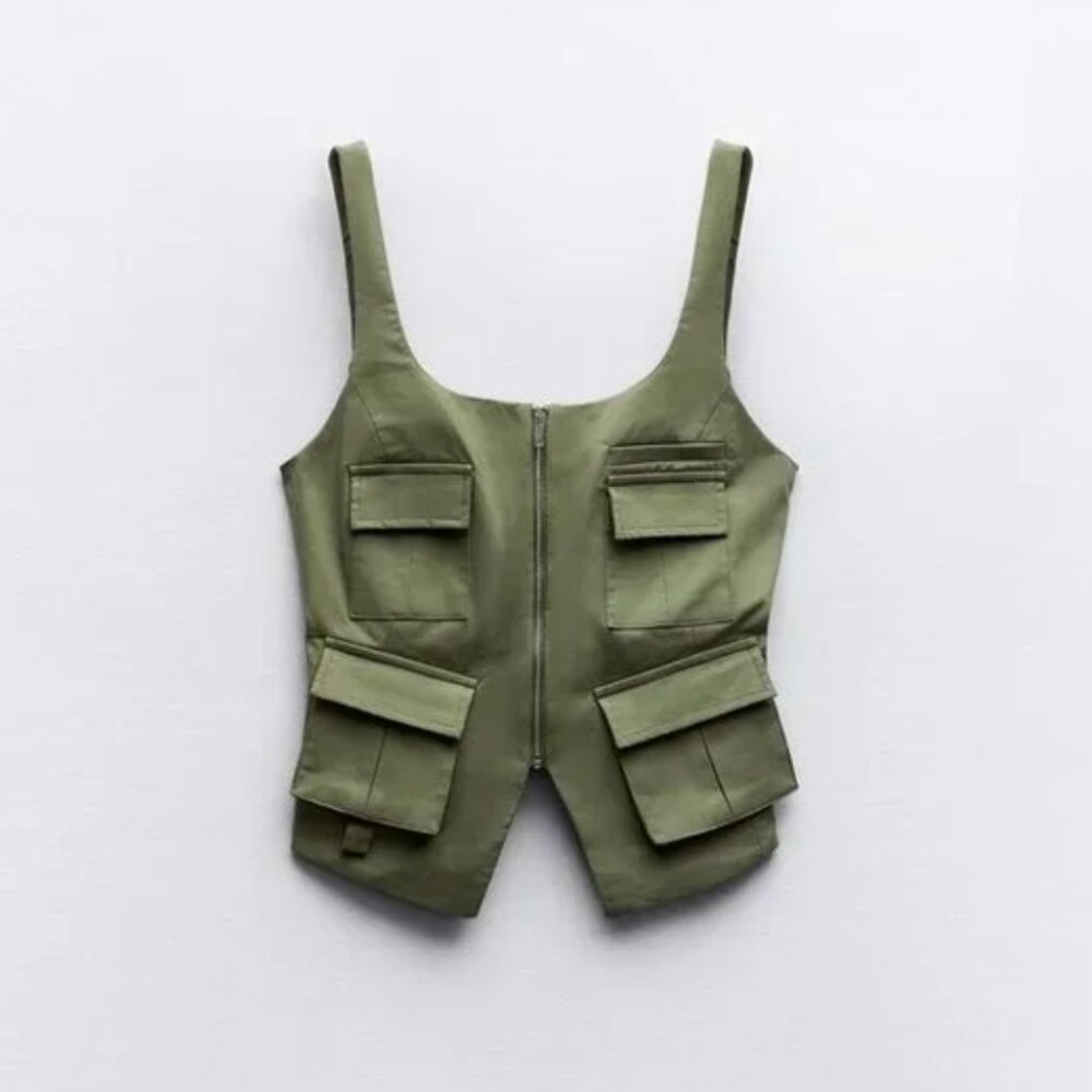 NWT ZARA POCKET VEST TOP LIGHT KHAKI
